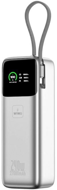 WiWU Внешний аккумулятор 27 000 мАч для ноутбука, планшета, смартфона | Быстрая зарядка | Встроенный кабель | TFT-дисплей | Power Mega PM201