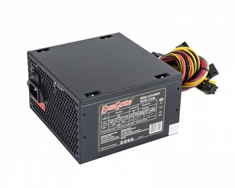 Блок питания 400W Exegate 400NPX, ATX, SC, black, 12cm fan, 24p+4p, 6/8p PCI-E, 3*SATA, 2*IDE, FDD + кабель 220V с защитой от выдергивания <EX224732RUS-S>