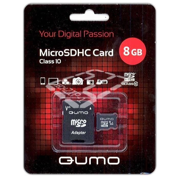 Карта памяти Qumo MicroSDHC 8GB Сlass 10 с адаптером SD (QM8GMICSDHC10)