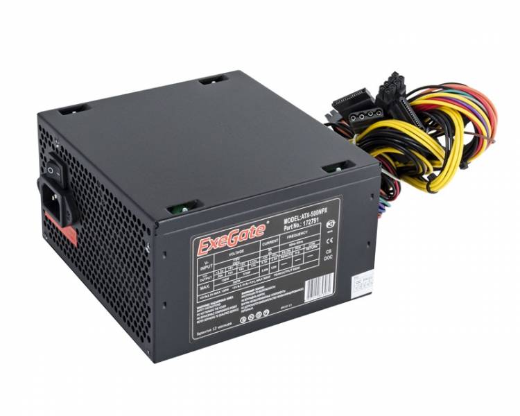 Блок питания 500W Exegate 500NPX, ATX, SC, black,12cm fan, 24p+4p, 6/8p PCI-E, 3*SATA, 2*IDE, FDD + кабель 220V с защитой от выдергивания <EX224734RUS-S>