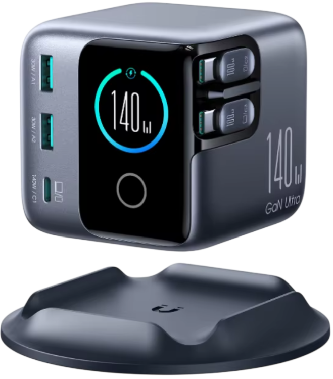 Joyroom 140W GaN Настольное зарядное устройство | 5 портов | 2 выдвижных USB-C кабеля | Быстрая зарядка для ноутбуков и смартфонов