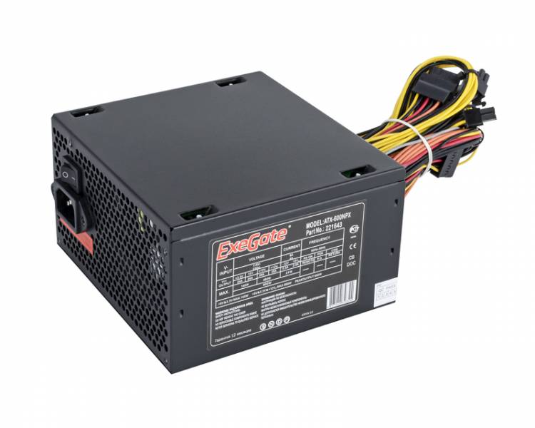 Блок питания 650W Exegate 650NPX, ATX, SC, black, 12cm fan, 24p+4p, 6/8p PCI-E, 3*SATA, 2*IDE, FDD + кабель 220V с защитой от выдергивания <EX259604RUS-S>
