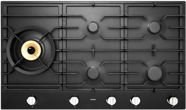 Asko Варочная газовая панель HG1986AB | ВхШхГ: 5х90х52,6 см | Эмаль | Газконтроль | Электроподжиг | 1 конфорка Super Vario Wok + 4 гибридные конфорки А+