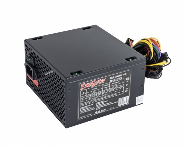 Блок питания 450W Exegate 450NPXE(+PFC), ATX, SC, black, 12cm fan, 24p+4pi, 6/8p PCI-E, 3*SATA,2*IDE, FDD + кабель 220V с защитой от выдергивания <EX221637RUS-S>