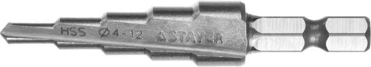 Stayer "MASTER" шестигран.хвост.1/4" Сверло ступенчатое по сталям и цвет.мет., сталь HSS, d=4-12мм,5ступ.d 4-6-8-10-12,L-65мм