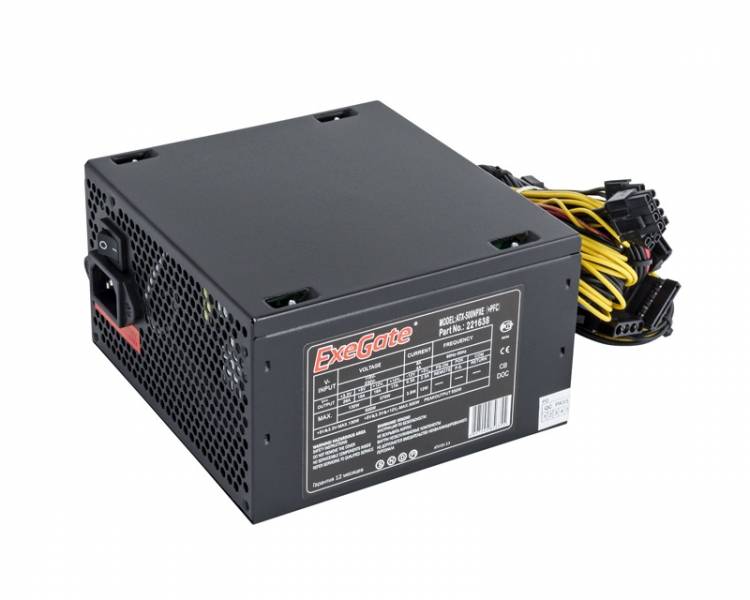 Блок питания 500W Exegate 500NPXE(+PFC), ATX, black, 12cm fan, 24p+4p, 6/8p PCI-E, 4*SATA,3*IDE, FDD + кабель 220V с защитой от выдергивания <EX221638RUS-S>