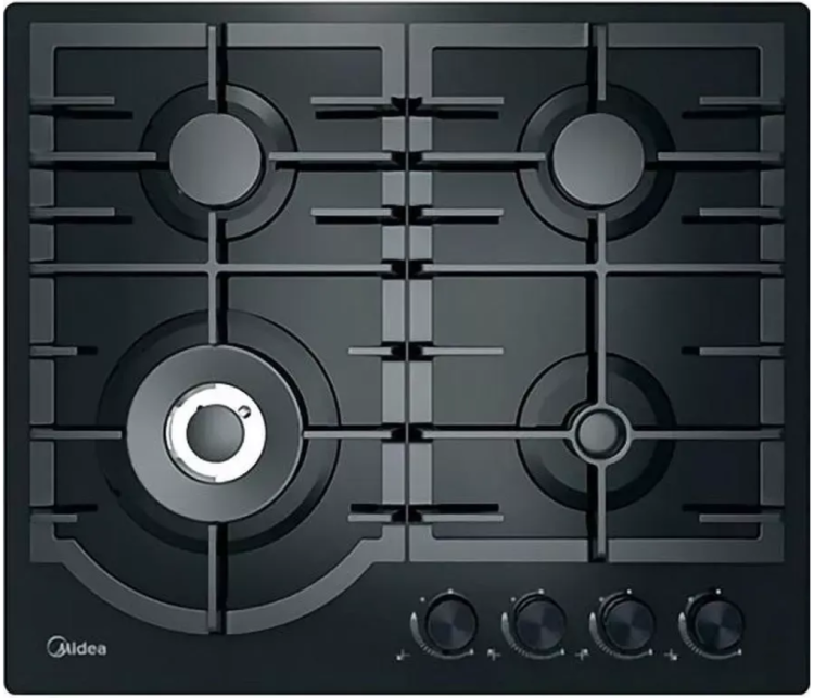Midea Газовая панель MG649TGB | ВхШхГ: 9×60×51,5 см | Материал поверхности панели: Закаленное стекло | Материал решеток: Чугун