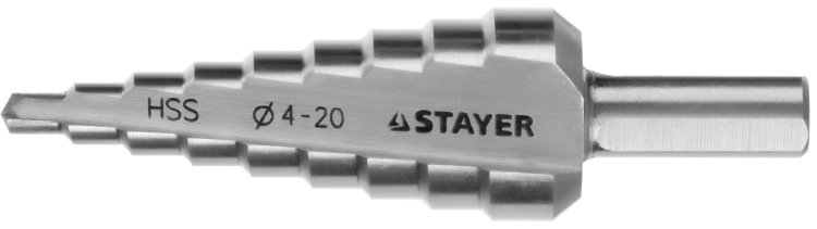 Stayer "MASTER" трехгран. хвост. 8мм Сверло ступенчатое по сталям и цвет.мет., сталь HSS, d=4-20мм, 9ступ.d 4-20, L-75 мм