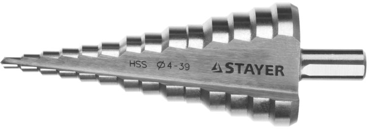 Stayer "MASTER" трехгран.хв. 10мм Сверло ступенчатое по сталям и цвет.мет., сталь HSS, d=4- 39мм,14ступ.d4-39,L -113 мм