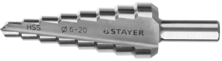 Stayer "MASTER" 3-х гран.хв. 8мм Сверло ступенчатое по сталям и цвет.мет., сталь HSS, d=6-20мм,8ступ.d 6-8-10-12-14-16-18-20,L-75мм