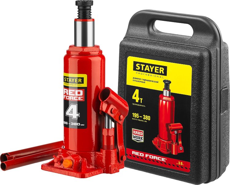 Stayer 43160-4-K Домкрат гидравлический бутылочный "RED FORCE", 4т, 195-380 мм, в кейсе
