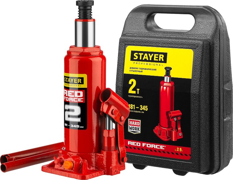 Stayer 43160-2-K Домкрат гидравлический бутылочный "RED FORCE", 2т, 181-345 мм, в кейсе
