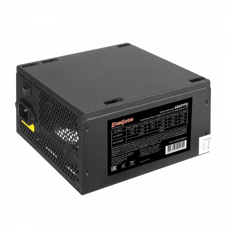Блок питания 400W Exegate 400PPE, ATX, SC, black, APFC, 12cm, 24p+4p, PCI-E, 3*IDE, 5*SATA, FDD + кабель 220V с защитой от выдергивания <EX260638RUS-S>