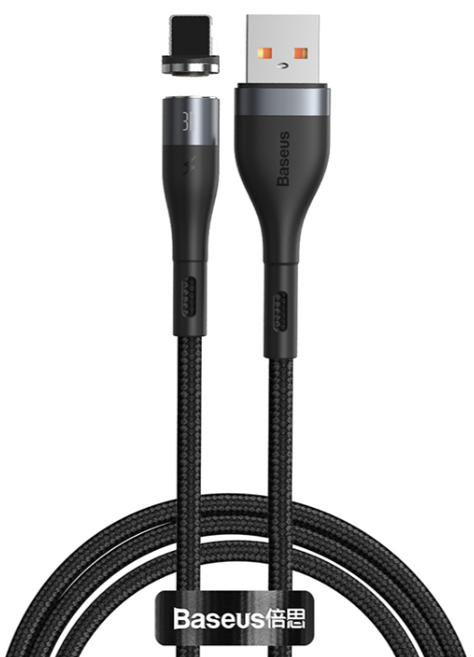 Кабель USB BASEUS Zinc Magnetic Safe, USB - Lightning, 2.4А, 1 м, серый+черный, на магните CALXC-KG1