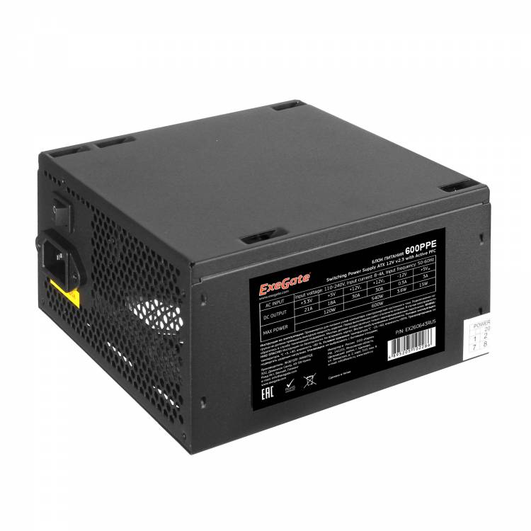Блок питания 600W Exegate 600PPE, ATX, SC, black, APFC, 12cm, 24p+(4+4)p, PCI-E, 5*SATA, 3*IDE,  FDD + кабель 220V с защитой от выдергивания <EX260643RUS-S>