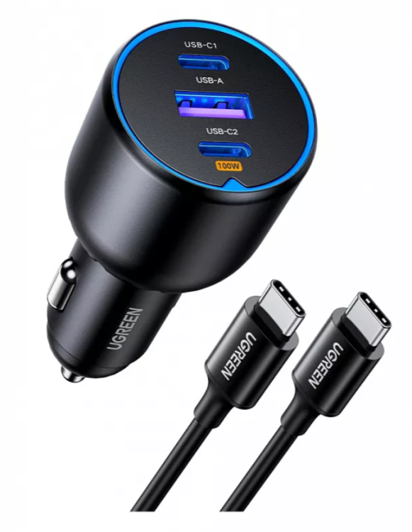 Ugreen Автомобильное зарядное устройство EC705 (55511) 130W на 3 порта 2*USB-C PD+USB-A Fast Car Charger с кабелем.