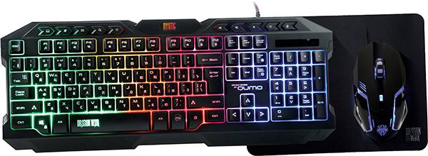 Игровой набор Qumo Mystic K58/M76, кл-ра проводная 104 + 10 клавиш мультимедиа, встроенные подсветки общая + кнопок 3 цвета, мышь проводная, оптическая, 1200/1600/2400/3200 dpi с подсветкой, коврик