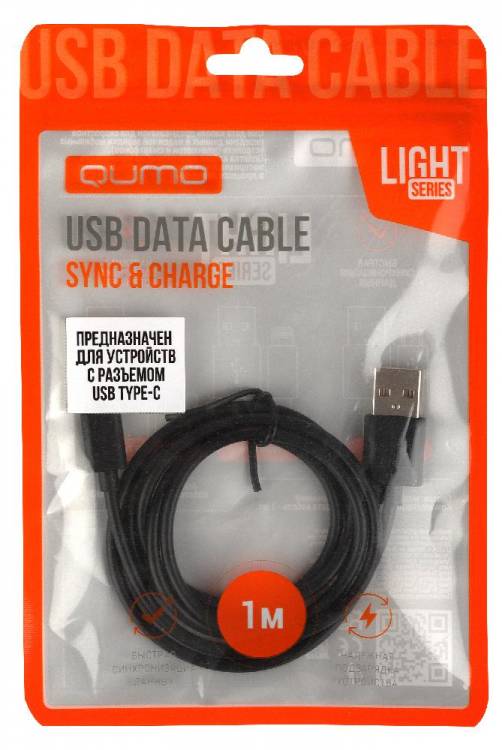Кабель Qumo light series, USB-Type C, 1м, 5В, 1A, опл. PVC, кон. PVC, круглый, черный
