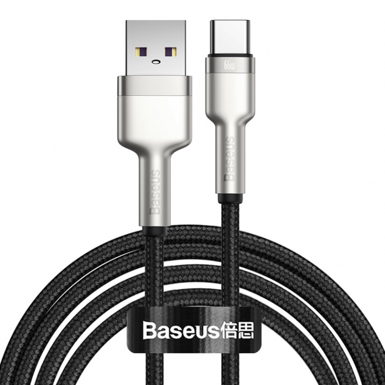 Baseus Кабель USB Cafule Series Metal | Цвет: Черный | Разъемы: USB - Type-C | Длина кабеля: 2м | Ток зарядки: 6A | Мощность: 66вт | Материал: Цинковый сплав/Нейлоновая плетеная проволока