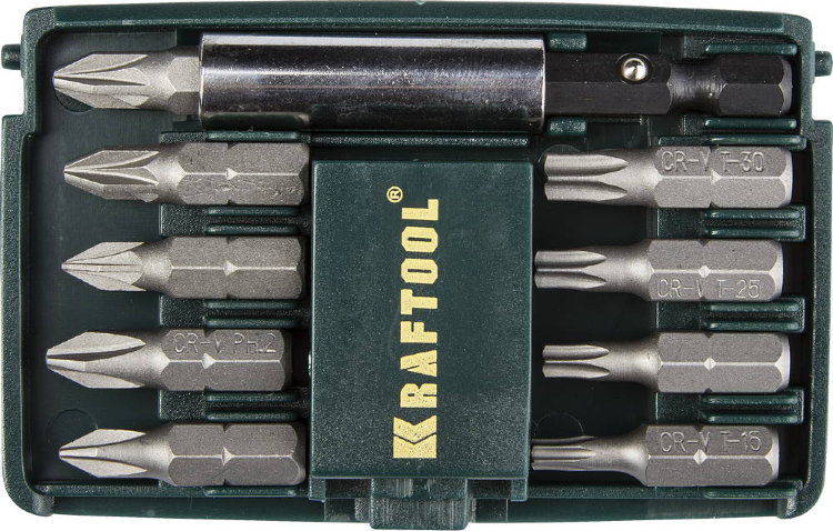 Kraftool 26130-H10 Набор "COMPACT-10" бит с магнитным адаптером, в мини бит-боксе 10 предметов