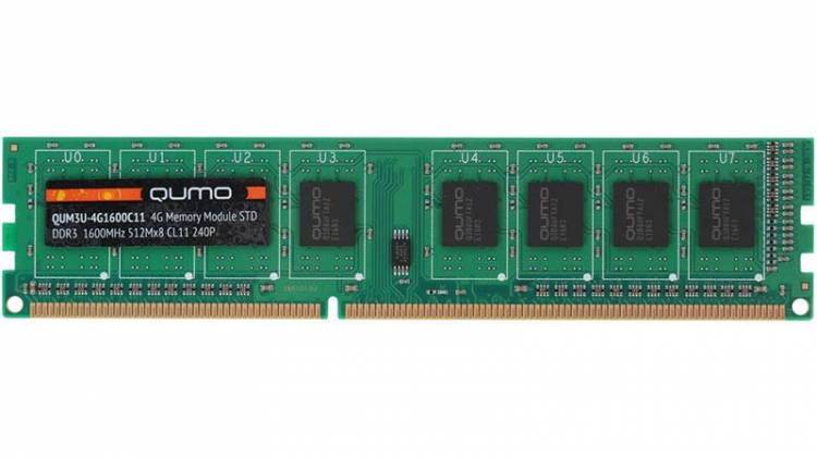 Модуль памяти DDR-III 4GB Qumo 1600MHz PC-12800 512Mx8 CL11 1,35V (QUM3U-4G1600С11L)