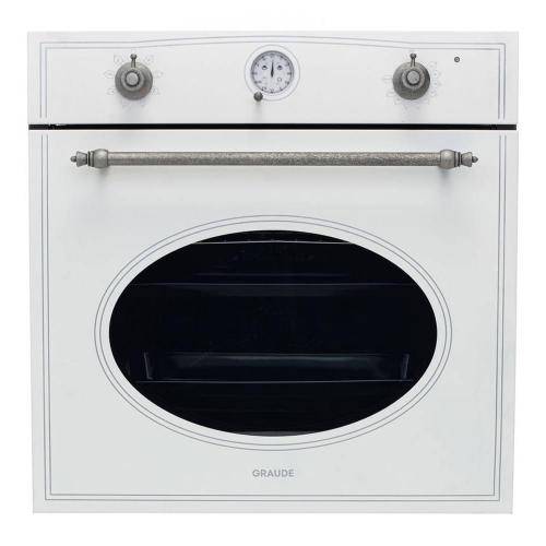Graude духовой шкаф 60 см Classic BK 60.1 WM белый | Максимальная температура: 250°C | 595x595х583 мм | Полезный объём 67 л  | 5 уровней приготовления | Система охлаждения | 8 режимов нагрева | Эмаль белого цвета, классический стиль | Управление Classic C