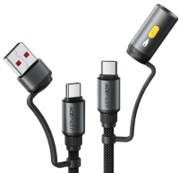 Acefast J6 Зарядный дата кабель 60W с функцией прикуривателя | Длина: 1,2 м | USB-A+ USB-C | Multi-Function Charging Data Cable | Black