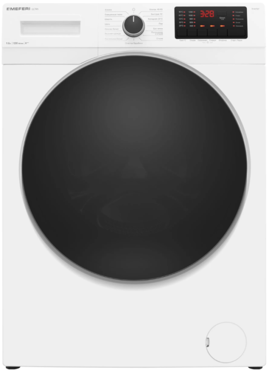 Meferi Стиральная машина с инвертором и паром MFW091216WH ULTRA | Программы стирки: 16 | Загрузка: 9 кг | Об./мин: 1200 | ВхШхГ: 84x60x48 см
