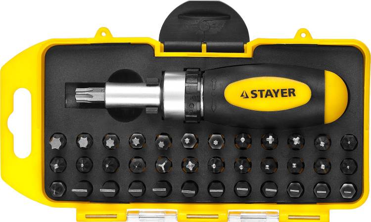 Stayer 2557-H38 Отвертка реверсивная в наборе с битами, Cr-V сталь, 38 предметов