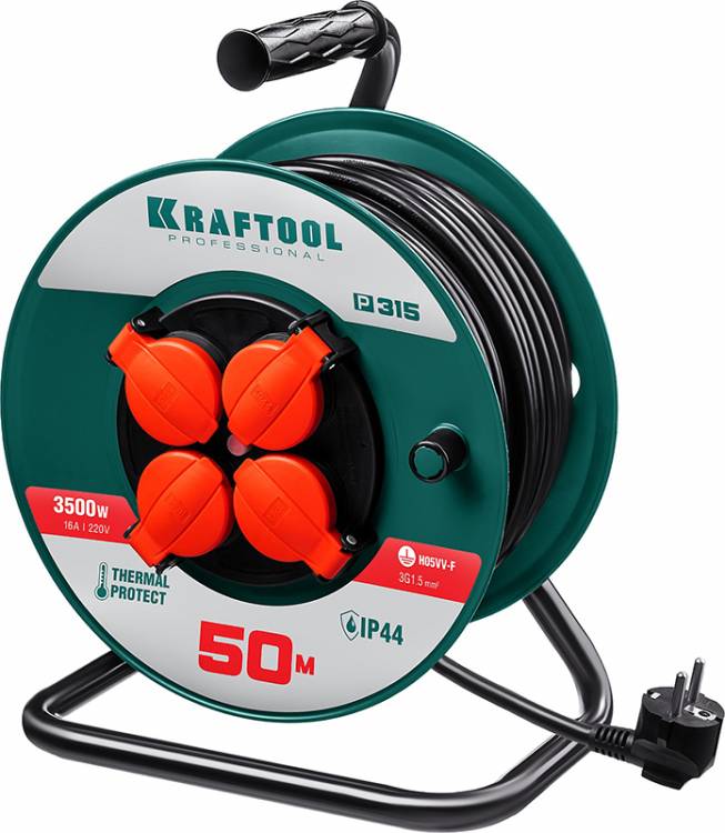 Kraftool 55084-50 P-315 удлинитель на катушке, 50 м, 3500 Вт, 4 гнезда