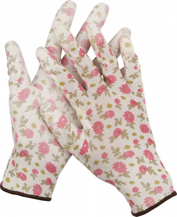 Grinda бело-розовые, L 11291-L Перчатки садовые, прозрачное PU покрытие, 13 класс вязки