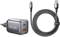 Remax CA-15 Зарядное устройство GAN | 100W с кабелем  | Два разъема: USB Type-C, USB Type-A