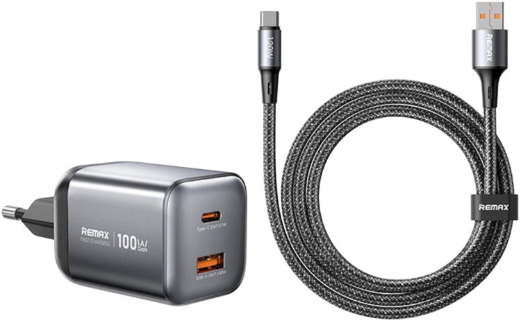 Remax CA-15 Зарядное устройство GAN | 100W с кабелем  | Два разъема: USB Type-C, USB Type-A