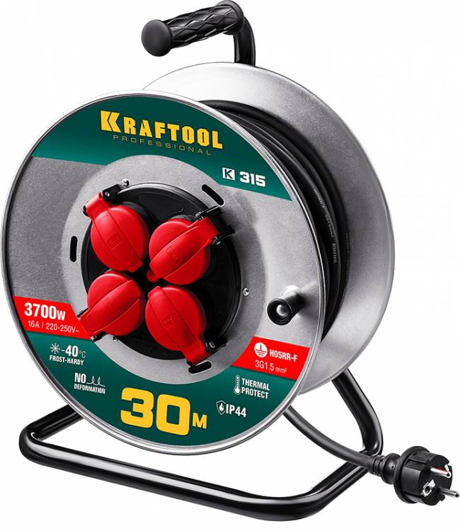 Kraftool 55085-30_z01 К-315 удлинитель на катушке, 30 м, 3700 Вт, 4 гнезда