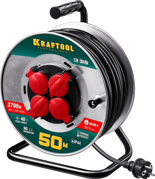 Kraftool 55085-50_z01 К-315 удлинитель на катушке, 50 м, 3700 Вт, 4 гнезда