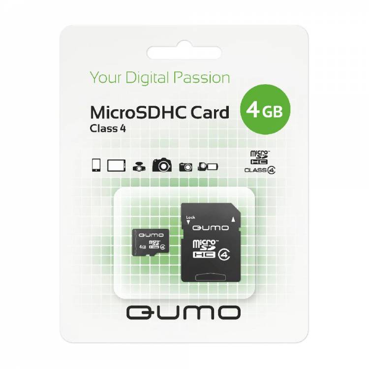 Карта памяти Qumo MicroSDHC 4GB Сlass 4 с адаптером SD, бело-зеленая картонная упаковка (QM4GMICSDHC4)